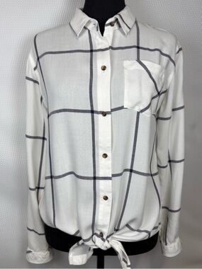 Harper White & Navy Windowpane Plaid Tie-Hem Button Down Shirt Size Small